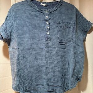Vintage Blue Button-Up Textured Top